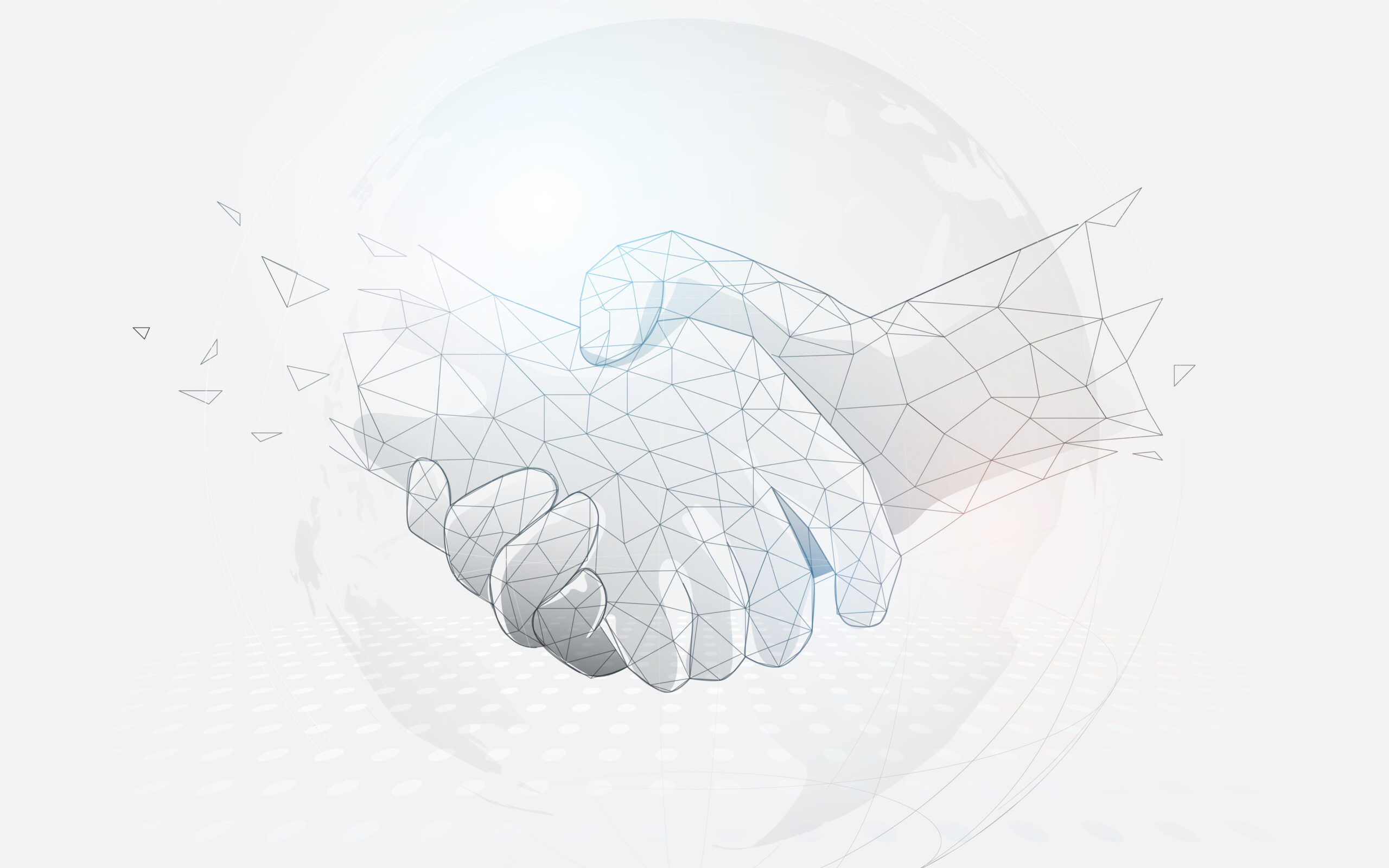 A handshake formed by lines over an opaque picture of the planet